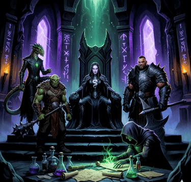 The throne room of the Black Citadel. Saphira on the throne surrounded by her court. 