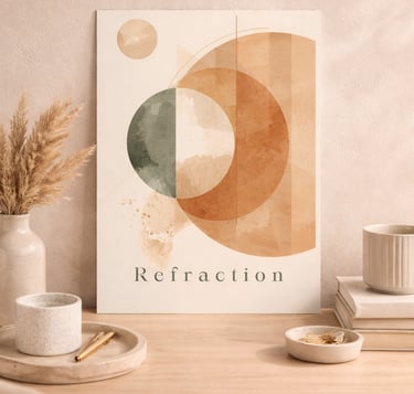 Modern abstract geometric art print titled Refraction displayed on a neutral wooden desk with pampas grass.