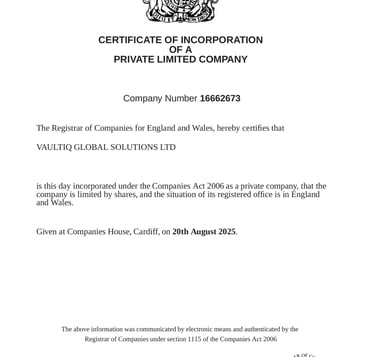 UK Certificate of Incorporation for VaultIQ Global Solutions Ltd confirming authenticity