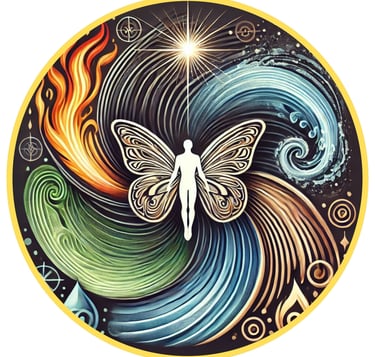 une spirale des élements, terre, eau feu, air et une silhouette d'humain papillon en lumière