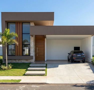 Fachada de residência moderna com garagem e projeto residencial compatibilizado.
