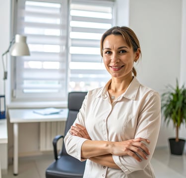 Mujer profesional sonríe en un consultorio