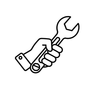 A black and white line art icon of a hand holding a mechanical wrench for repair services.