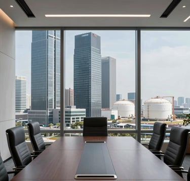 Orange chairs around a conference room table.