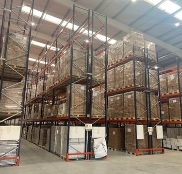 tall pallet racking in narrow aisle configuration with rack end protectors  