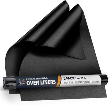 Two pack of black premium extra thick non-stick reusable oven liners for protecting oven bottoms.
