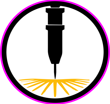 a black and white picture of a drillet with a yellow and pink light gravure laser