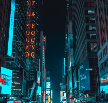 a city street scene with a neon sign that says you'ret't
