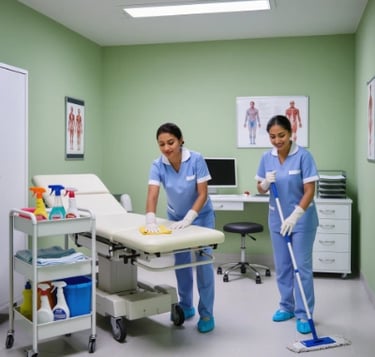 two women cleaning a doctors surgery