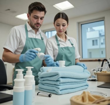 a man and woman in aprons are cleaning a doctors surgery