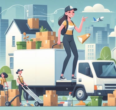 a woman moving a truck with boxes and a man