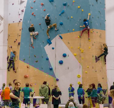 a group of people lead climbing a climbing gym while others watch