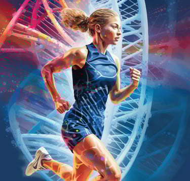 a woman running in a blue dress with a dna structure