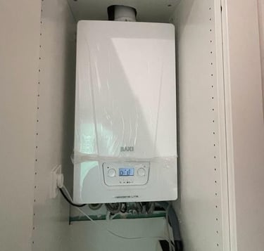 a tankless water heater in a cabinet