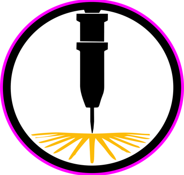 a black and white picture of a drillet with a yellow and pink light gravure laser