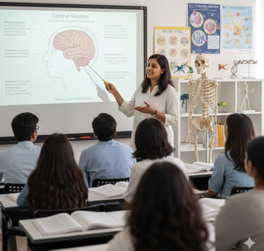 Passionate Indian biology teacher explaining human anatomy for NEET aspirants using a projector 