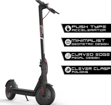 "Electric scooter from Red Wheels with sleek black design featuring a push-type accelerator, minimal