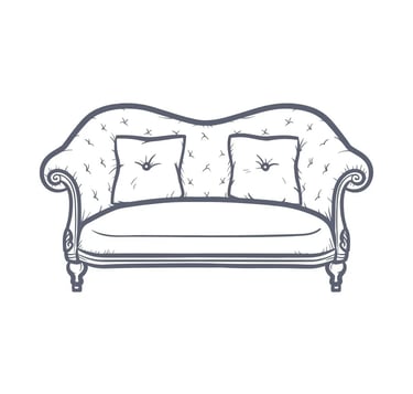 Vintage hand-drawn line art illustration of a tufted victorian sofa with throw pillows.