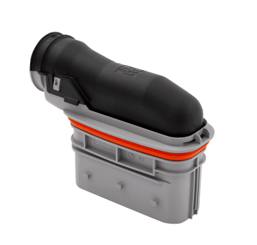a black and white box with a black and orange handle