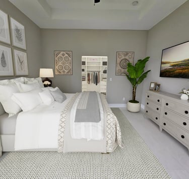 Digitally stage view of master bedroom and walking in closet