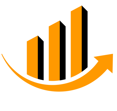 a black and orange arrow pointing upward logo