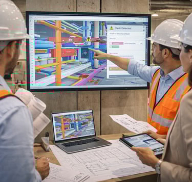 Engenheiros realizando compatibilização de projetos em software BIM com detecção de interferências