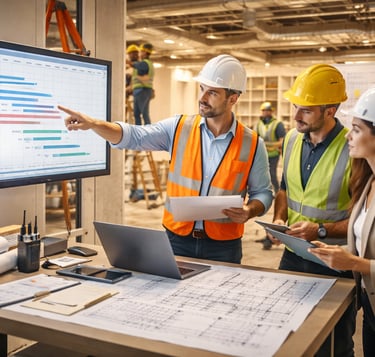 Equipe de engenharia analisando cronograma de obra comercial Fast-Track em ambiente de construção