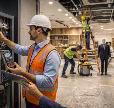 Equipe técnica executando frentes simultâneas de obra e testes de comissionamento em loja pronta par