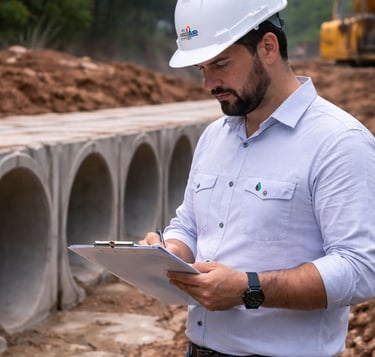 Engenheiro civil inspecionando obra de drenagem com tubos de concreto pré-moldado instalados