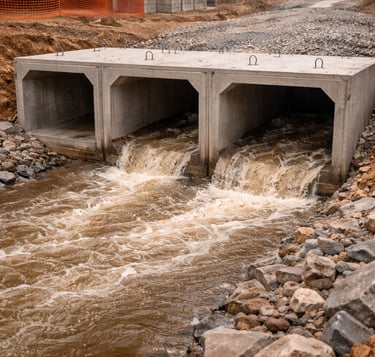Galeria de drenagem pluvial em concreto com três células descarregando água em canal