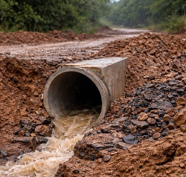 Bueiro tubular de concreto em estrada rural drenando água da chuva sob via de terra com canal