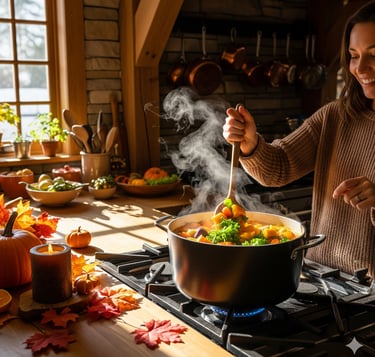 a woman cooking in a potted potted on a stove top