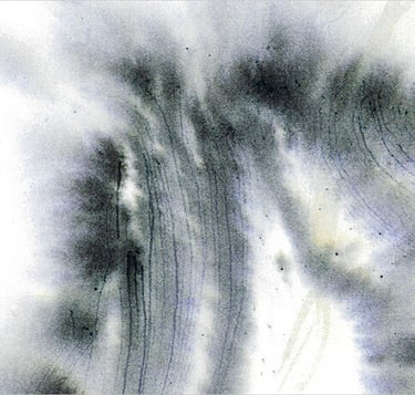 Yuge Kurt, fragment of watercolor painting in art gallery. Abstract flowers. Calligraphy