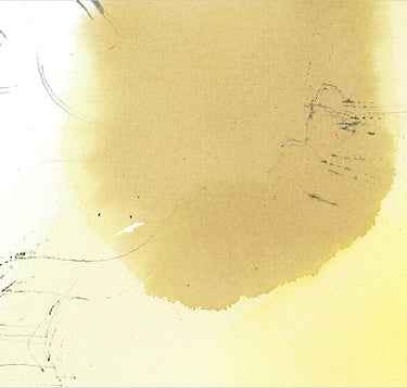 Yuge Kurt, fragment of watercolor painting in art gallery. Abstract flowers. Calligraphy