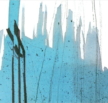 Yuge Kurt, fragment of watercolor painting in art gallery. Abstract flowers. Light airy blue tones