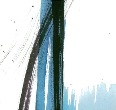 Yuge Kurt, fragment of watercolor painting in art gallery. Abstract flowers. Light airy blue tones