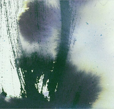 Yuge Kurt, fragment of watercolor painting in art gallery. Abstract flowers. Calligraphy