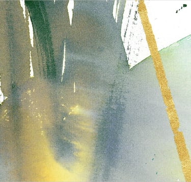 Yuge Kurt, fragment of watercolor painting in art gallery. Abstract flowers. Calligraphy