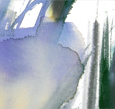 Yuge Kurt, fragment of watercolor painting in art gallery. Abstract flowers. Calligraphy