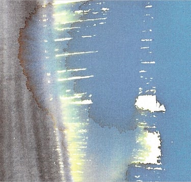 Yuge Kurt, fragment of watercolor painting in art gallery. Abstract flowers. Light airy blue tones