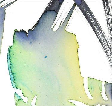 Yuge Kurt, fragment of watercolor painting in art gallery. Abstract flowers. Green yellow tones