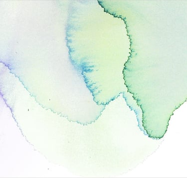 Yuge Kurt, fragment of watercolor painting in art gallery. Abstract flowers. Green yellow tones