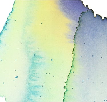 Yuge Kurt, fragment of watercolor painting in art gallery. Abstract flowers. Green yellow tones