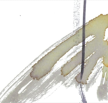 Yuge Kurt, fragment of watercolor painting in art gallery. Calligraphy. Jewel tones with neutrals