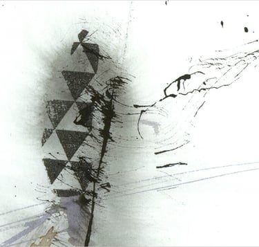 Yuge Kurt, fragment of watercolor painting in art gallery. Calligraphy. Jewel tones with neutrals
