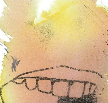 Yuge Kurt, fragment of watercolor painting in art gallery. Fashion. Earthy muted tones.