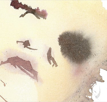 Yuge Kurt, fragment of watercolor painting in art gallery. Fashion. Earthy muted tones.