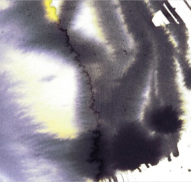Yuge Kurt, fragment of watercolor painting in art gallery. Portrait. Light airy blue tones