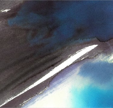 Yuge Kurt, fragment of watercolor painting in art gallery. Portrait. Blue tones