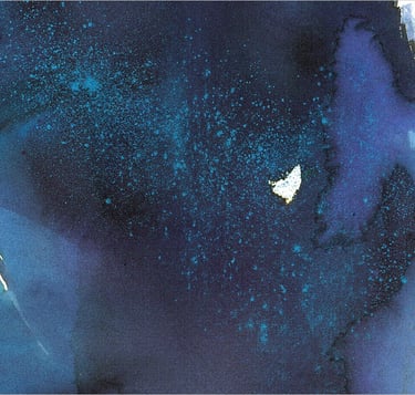 Yuge Kurt, fragment of watercolor painting in art gallery. Portrait. Blue tones